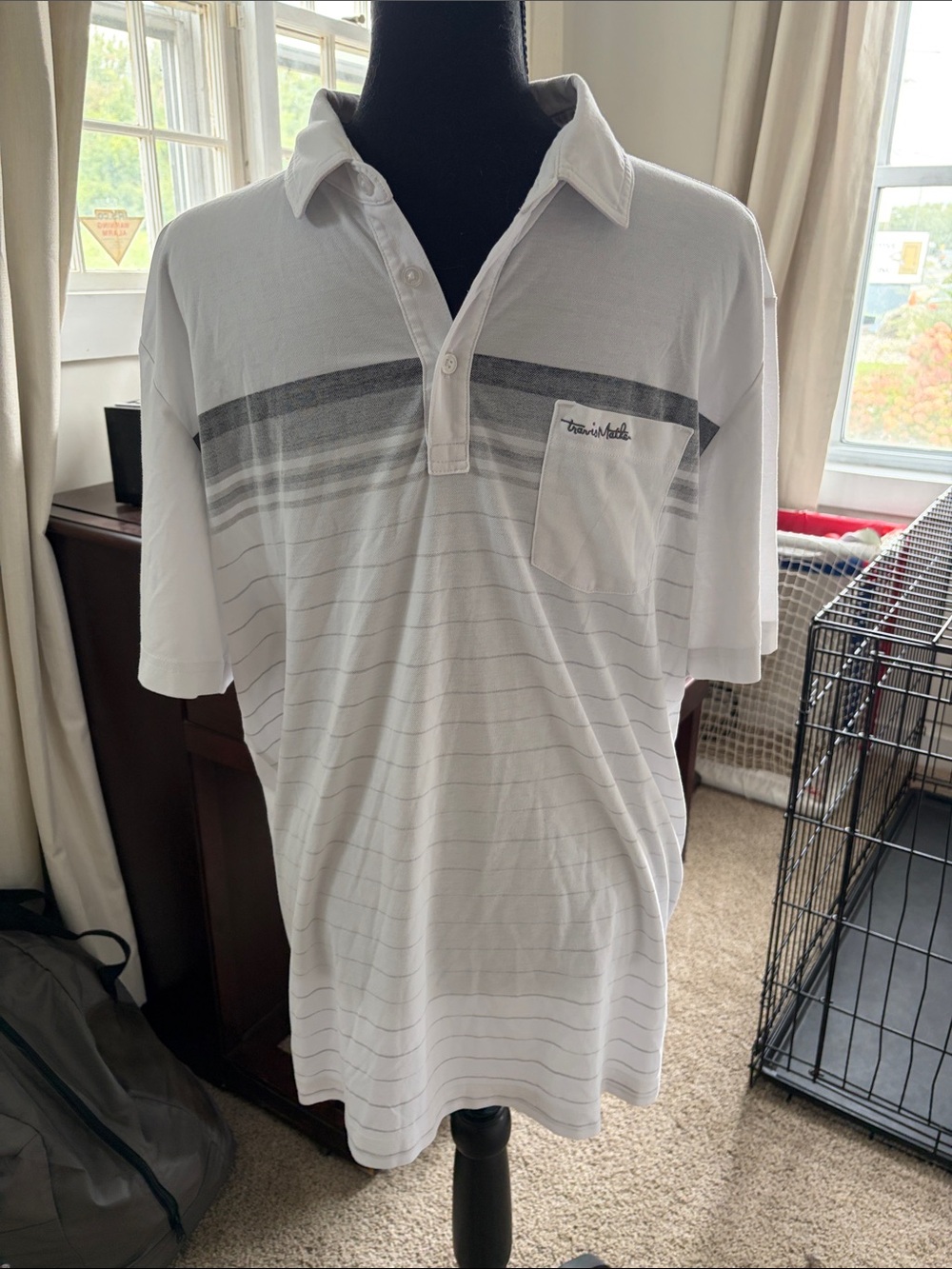 Travis Mathew White Polo with Gray Stripes